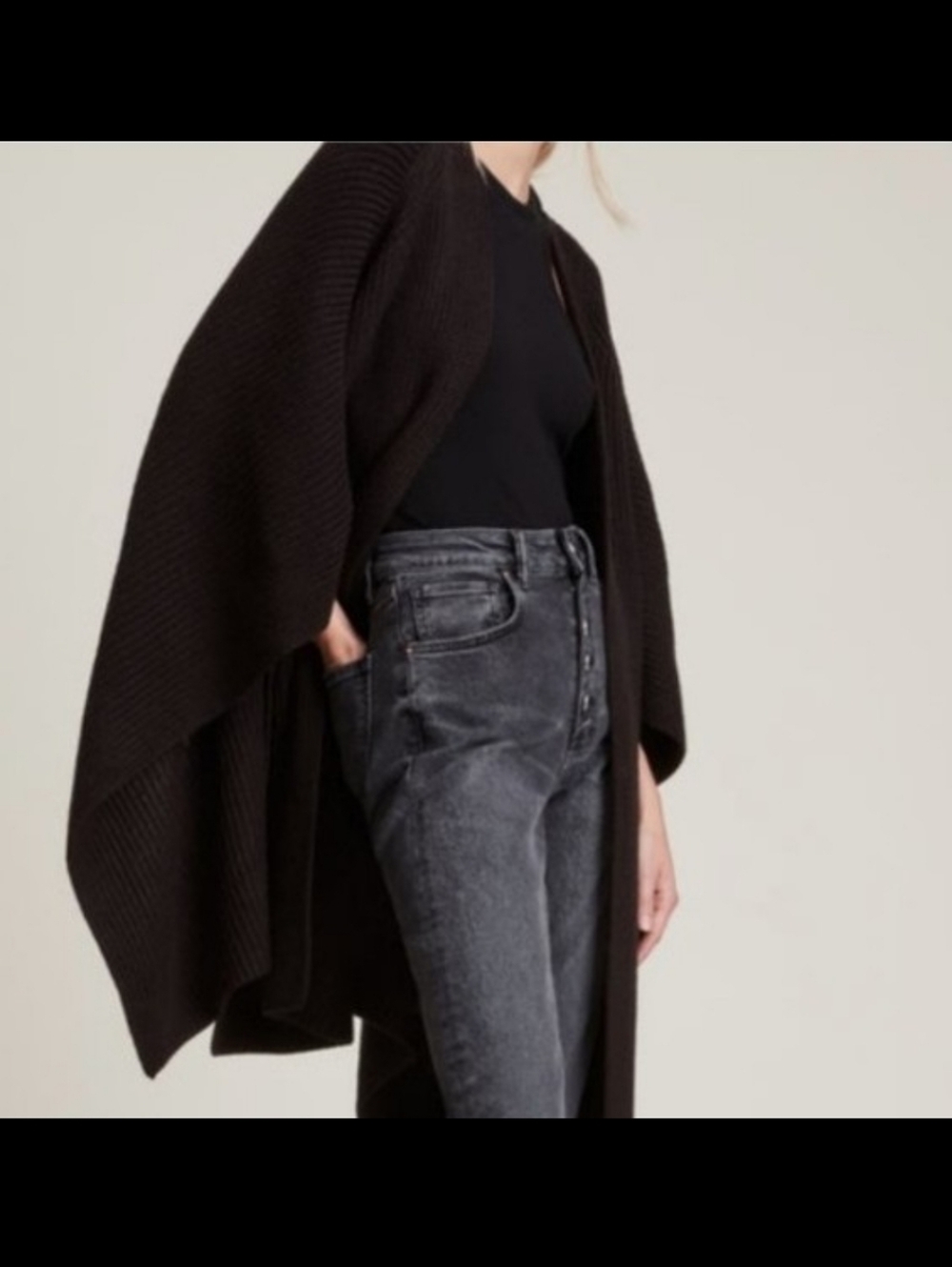 AllSaints Farren Ruana. Black Wool Blend Knitted Poncho Shawl. One Size